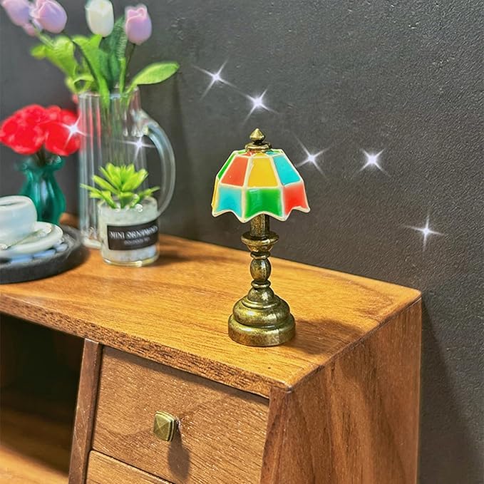 1:12 Miniature Vintage Desk Lamp, Dollhouse Mini Desk Table Lamp, for Dollhouse Bedroom Living Room, Home Decoration, Wall Decor Gifts (1PCS) (Bronze-White)