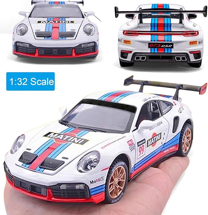 Toy Cars for 911 GT3 RS RSR Turbo S, 1:32 Alloy Diecast Model Cars,Pull Back Car Toy with Light and Sound Gift Sports Race Car for Boys Age 3+ Gifts White