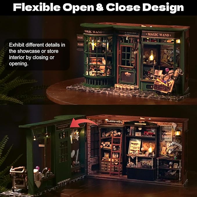 Hullisun DIY Book Nook Kit Expandable Miniature Dollhouse Kit, Retro European Magic House Bookshelf Insert Model with LED Light, Bookend Building Set 3D Wooden Puzzle for Adult Birthday Gift Women Men