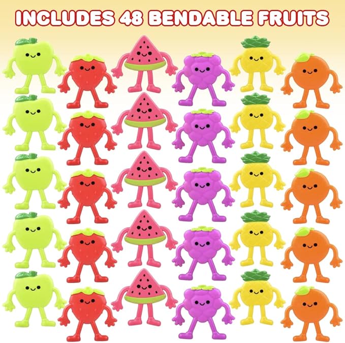 ArtCreativity Mini Bendable Fruit Toys (Set of 48) Fruit Party Favors Fidget Toys - 6 Assorted Designs Bendy Toys for Pinata Stuffers, Vibrant Stress Toys for Boys and Girls Birthday Pinata Filler