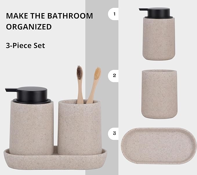 Clasin Home Beige Bathroom Accessories Set, 3 Pcs Resin Bathroom Accessories Complete Set, Sandstone Look Soap Dispenser with Large Pump, Toothbrush Cup, Soap Dish for Modern Home Decor and Kitchen