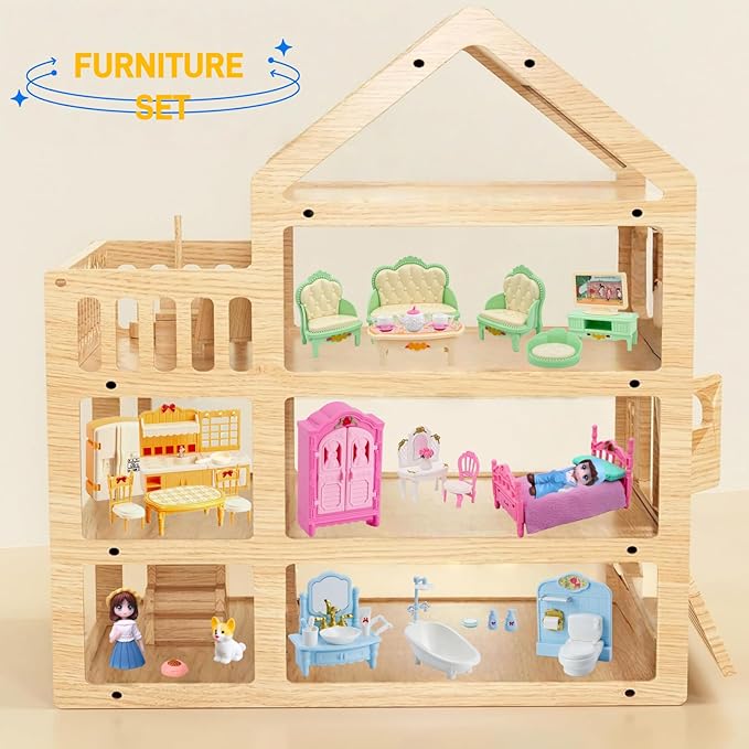 Princess Dollhouse Furniture Set, 48 Piece Luxury Miniature Accessories Collection with Living Room, Bathroom, Bedroom，Kitchen, TV Entertainment Set (Multi-Color)