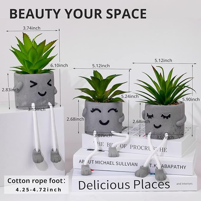 LUZOGA Creative Artificial Succulent Plants with Gray Pots Mini Potted Succulents Cute Fake Plants Succulents with Hanging Leg & Emotional Cement for Home Office Desk Decor and Gift Choice
