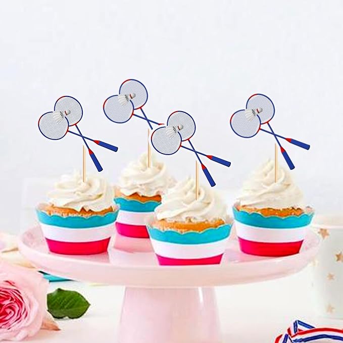 Ercadio 24 Pack Double Sided Cupcake Toppers - Sports Theme Party Cake Decorations for Badminton Birthday, Baby Shower