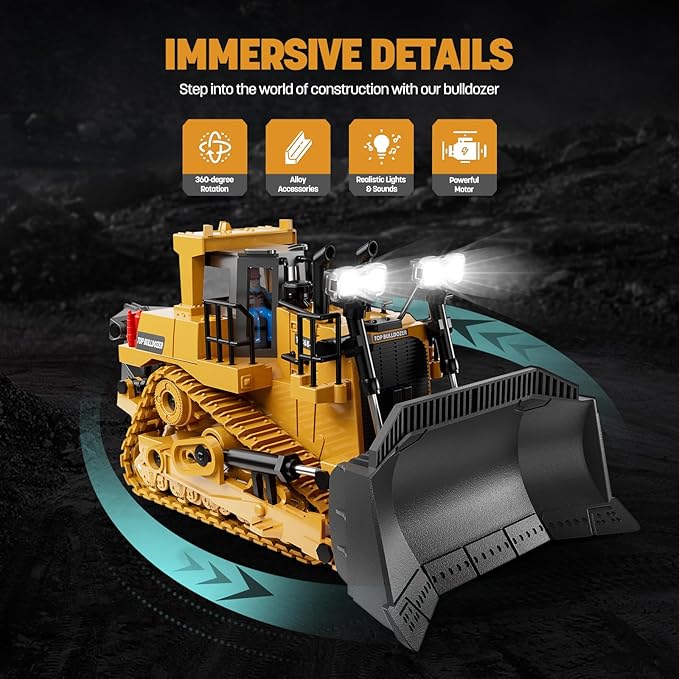 Metal RC Bulldozer Toy for Kids | 9-Channel Remote Control Track-Type Tractor with Lights & Sounds, Realistic Construction Vehicle Toy for Boys Ages 3-12, Rechargeable Gift for Birthday 2026