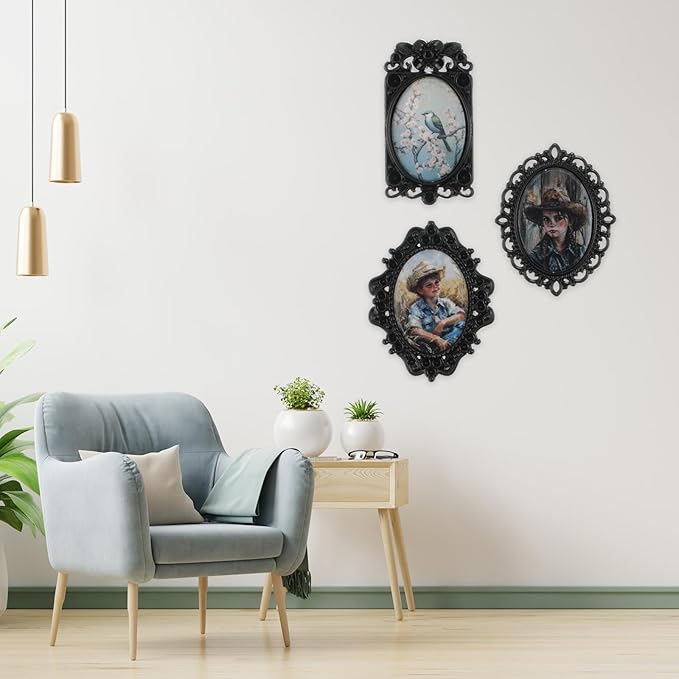 7 Pieces 1/12 Scale Accessories of Tiny Frames with 7pcs Miniature Pictures Set, Miniature European House Frame, Baroque Wall Decor Accessories for Bedroom