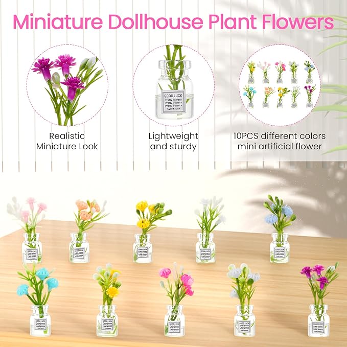 10 Pcs Dollhouse Miniatures Flowers Plants, 1:12 Tiny Small Glow in The Dark Glass Vase Flowers Plant House Decor, Faux Flower Model Miniature Dollhouse Accessories for Tiny Houses