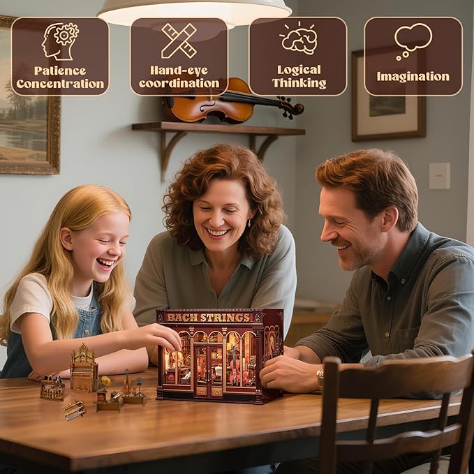 Cutefun Book Nook Kit - DIY Miniature Dollhouse Booknook Kits for Adults Teens, Musical Instrument Shop 3D Wooden Puzzle Bookend Bookshelf with LED Light, Gifts for Family and Friends (Bach Strings)