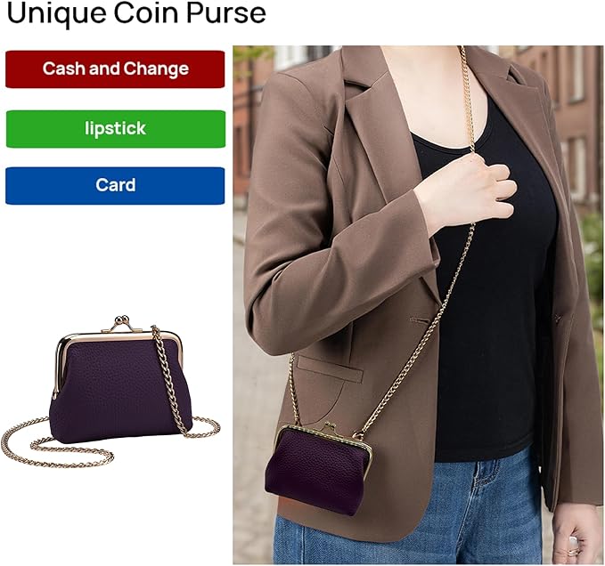 Cute Small Coin Purse & Credit Card Holder for Women Fashion Crossbody Chain Wallet Leather Coin Pouch Change Purse for Cash Key (Purple)