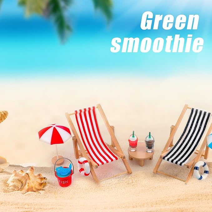Minatee 25 Pcs Beach Miniature Dollhouse Decoration, Umbrella Palm Chair Miniature Toys Garden Dollhouse Outdoor Accessories Beach Decorations for DIY Garden Plant Pool(Red, Black)