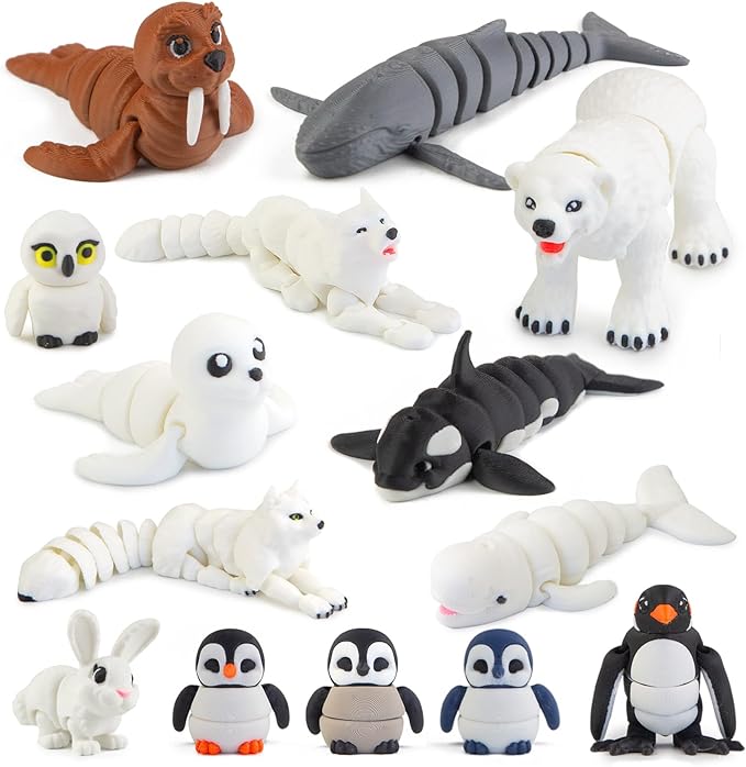 14PCS 3D Printed Arctic Animals Figurines Toys, Realistic Polar Animal Articulated Bath Toys with Polar Bear Fox Penguin Orca Cake Toppers Christmas Birthday Toy Gift for Toddlers Kids