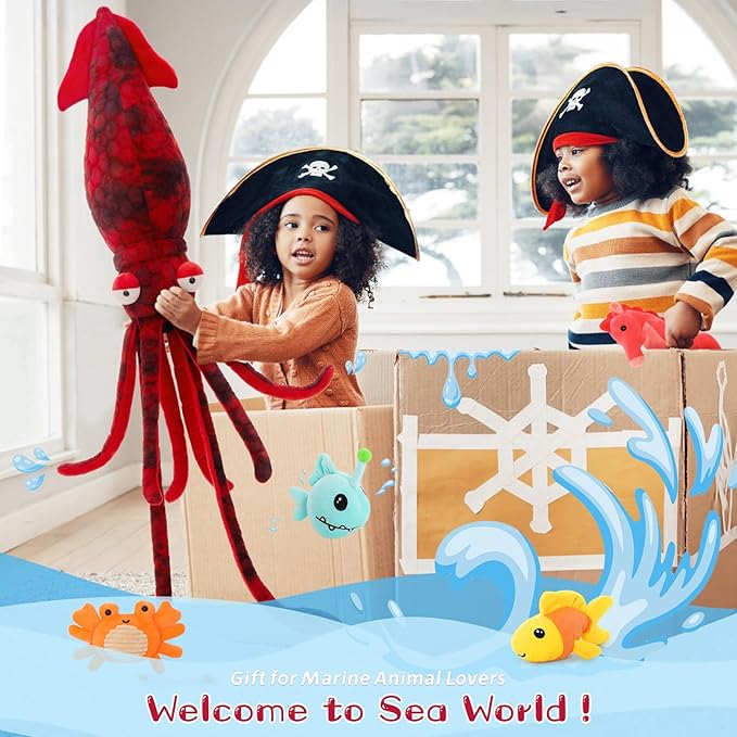 5Pcs Giant Squid Stuffed Animal with 4 Sea Animal Plush Toy, Clownfish Crab Seahorse Angler Fish Baby Stuffed, 41.3" Squid Plush for Boys Girls Kids, Ocean Theme Party Decor