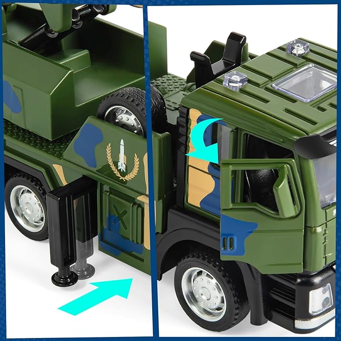 Army Truck Toy with 6 Missiles, Pull Back Military Truck Playset with Light & Sound, Simulated Combat Vehicle Model Toy Gift for Boys Ages 3-6 Years