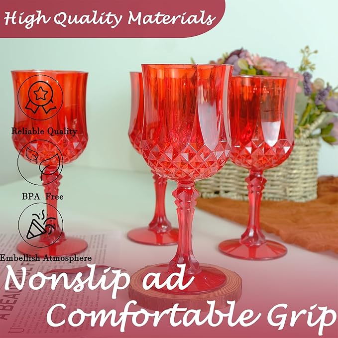 LEYIQU Plastic Wine Glasses, Plastic Goblets Vintage Style Cordial Drinking Glasses for Valentine’s Day, Wedding Reception, Grand Event Party Supplies (24, Red)