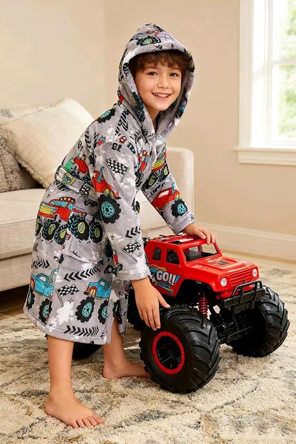 Boys Fleece Robe Hooded Toddler Soft Bathrobe Pajamas Sleepwear for Kids Girls 2-16 Years
