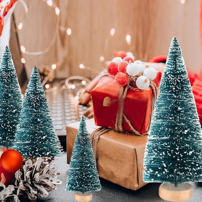 Yahpetes Christmas Trees 35 Pcs Artificial Sisal Trees Bottle Brush Trees Blue-Green Sisal Trees with Wood Base, Tabletop Xmas Trees for Christmas Decoration and Display, 4 Sizes(Blue-Green 35Pcs)