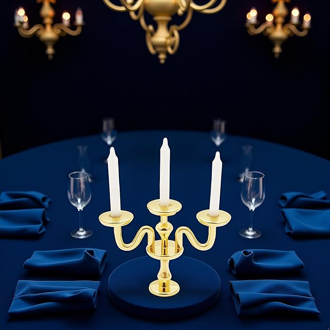 Gold 1/12 Miniature Candlestick Candelabra with Candles Dollhouse Accessories, 3-arms