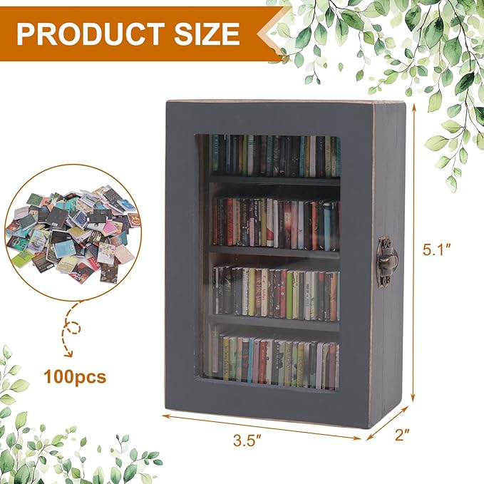 Anxiety Mini Bookshelf Ornament | Shake Away Your Anxiety Rustic Book Library With 100pcs Miniature Books | Wood Pocket Bookcase for Book Lovers Gift (Gray)