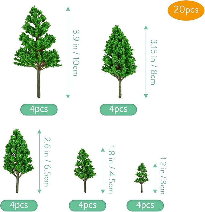 LUEYAO Mini Model Miniature Trees Mixed Train Scenery Architecture Trees Fake Trees for DIY Crafts Building Model Scenery Landscape Green 1.2-3.9 inch 20 PCS