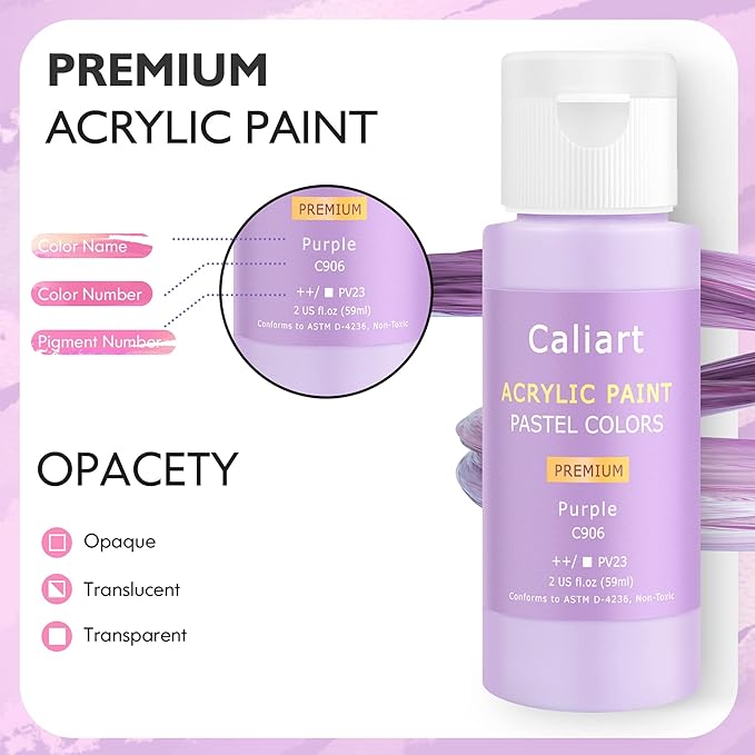 Caliart Acrylic Paint Set with 12 Brushes, 36 Pastel Colors (59ml, 2oz) Art Craft Paint for Artists Adults Beginners Painters, Canvas Ceramic Wood Fabric Rock Painting Supplies Kit