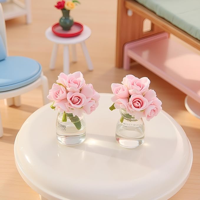 2 Pcs Dollhouse Miniature Flowers Dollhouse Mini Vase with Flower Dolls House Flower Glass Vase 1:12 Scale Dollhouse Miniature Flower in Vase, Lightweight Dollhouse Decor