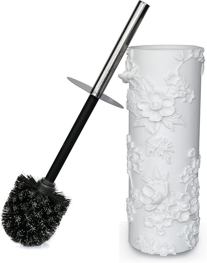 Indecor Home White Floral Branches Design Resin Toilet Bowl Brush and Holder Set, Elegant Bathroom Cleaning Tool with Durable Bristles, Compact and Functional
