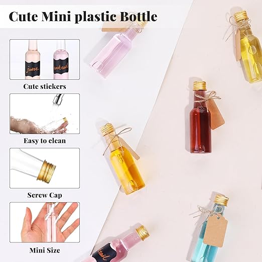 100 Pcs Mini Liquor Bottles, 1.7oz Shot Bottle with Caps 50ml Plastic Spirit Bottles, 4 Liquid Funnels, Kraft Tags, Brush and String, for Wedding, Baby Banquet, Party（Gold Cap）