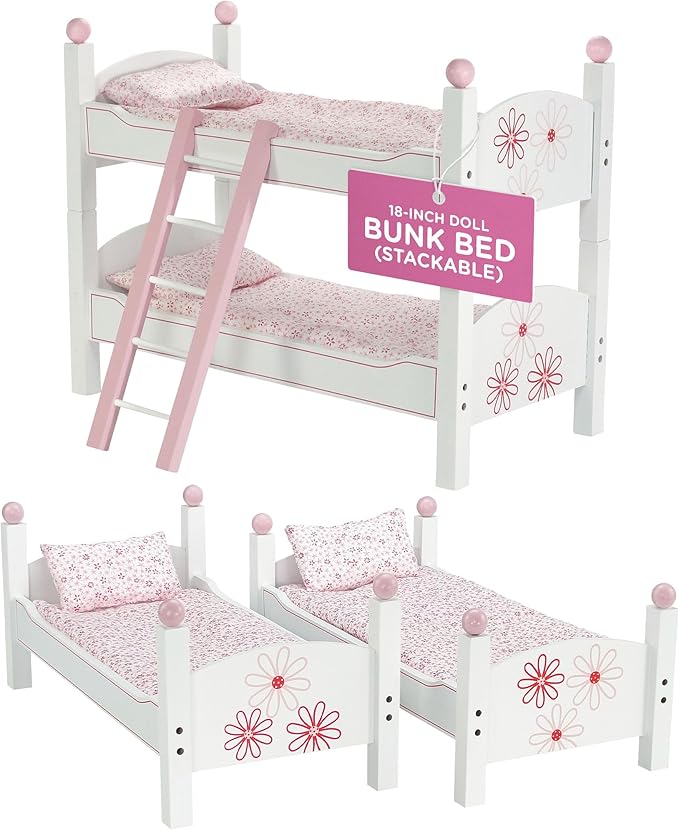 Emily Rose 18 Inch Doll Bunk Bed with Floral Bedding & Ladder | 2 Stackable Single Beds | Fits 18” American Girl Dolls, Our Generation, My Life As | USA Designed | Ages 5+ | Ideal Gift