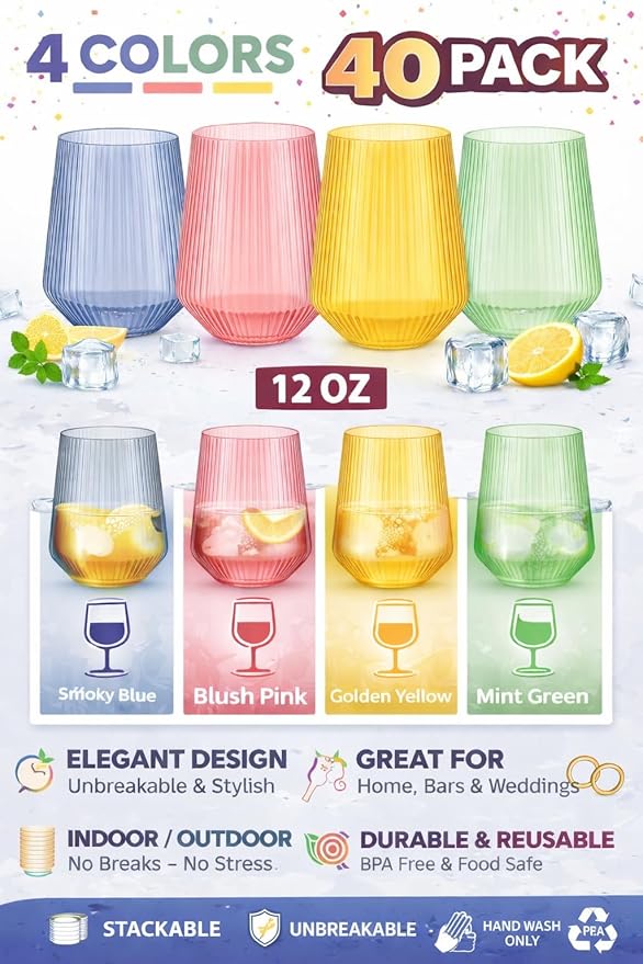 40 count Origami Ripple Unbreakable Stemless Plastic Wine Champagne Whiskey Glasses Elegant Durable Disposable Indoor Outdoor Ideal for Home, Bars, Wedding, Ribbed 12 Ounce Cups (Color Collection)