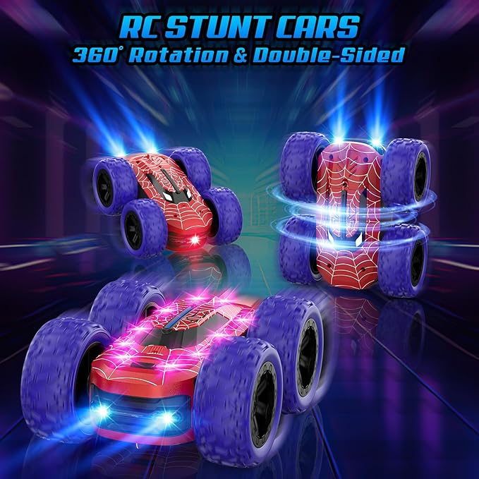 Kazswitle Remote Control Car for Boys, RC Cars for Kids with Colored LED Lights, 2.4Ghz Double Sided 360° Flips 4WD Stunt Car, Rechargeable Toy Cars for Boys Girls Ages 4-6 5-7 6-8 8-12 Birthday Gift