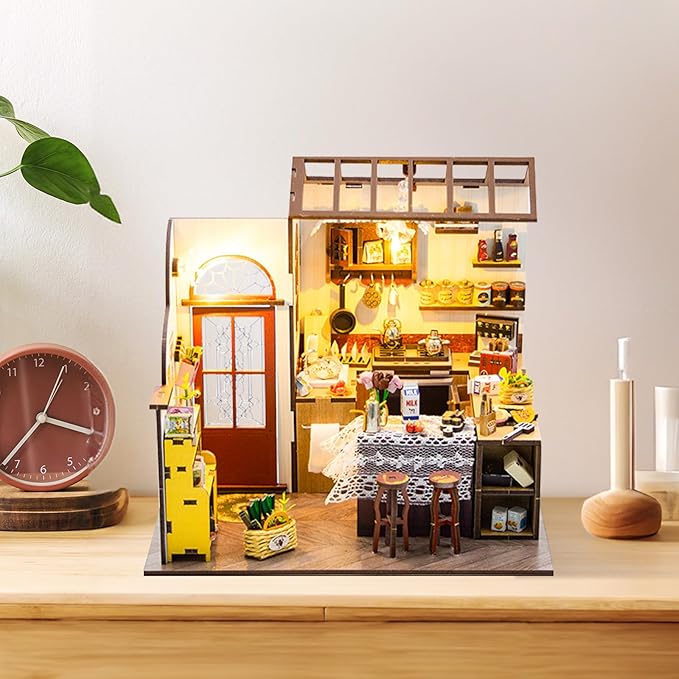 DIY Miniature House Kit, Dollhouse Kit with LED Light, Mini House Building Kits for for Adult to Building, Christmas Home Decorations Gifts for Family and Friends, Kitchen
