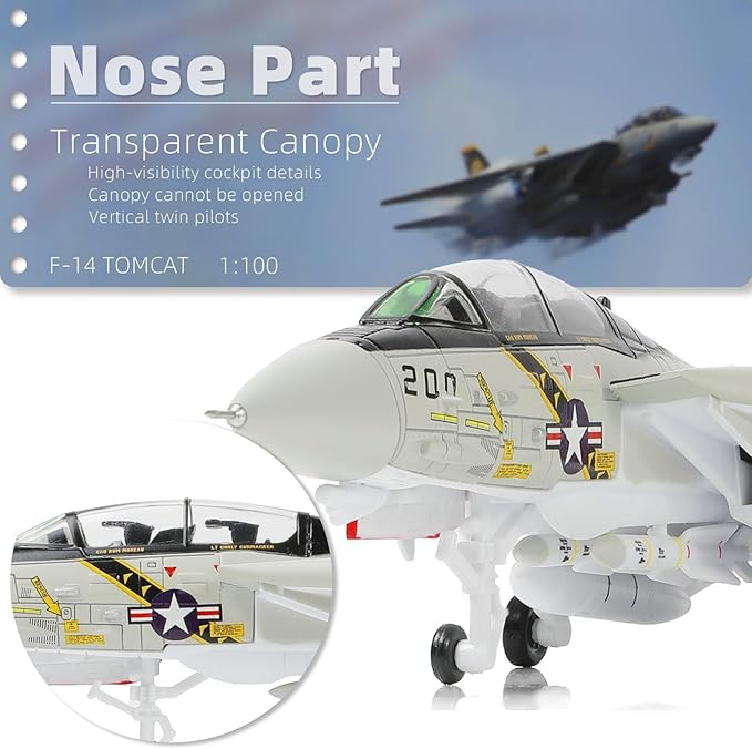 F-14A Tomcat 1/100 Metal Airplane Model Kits with Stand VF-84 Jolly Rogers DieCast Alloy Fighter Model Jet Replica Pre-Build Military Aircraft Collection for Display or Gift