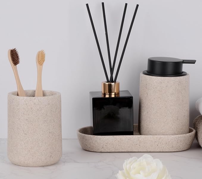 Clasin Home Beige Bathroom Accessories Set, 3 Pcs Resin Bathroom Accessories Complete Set, Sandstone Look Soap Dispenser with Large Pump, Toothbrush Cup, Soap Dish for Modern Home Decor and Kitchen