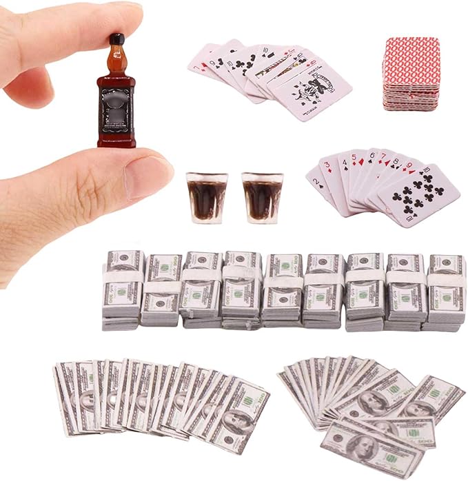 FTYHXP Miniature Doll Accessories 400Pcs 1:12 Scale Mini Money Miniature Playing Card Mini Wine Bottles Set Model for Tiny Doll House Accessories,Action Figure Scene Props,DIY Craft Projects