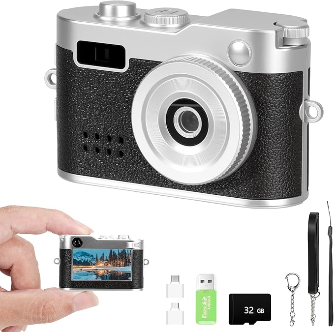 Mini Keychain Camera, FHD 1080p Mini Digital Camera with 32GB SD Card, 0.96" HD Display, 100 Mins Battery Life for Travel Recording Birthday Gifts (Vintage, Dark)
