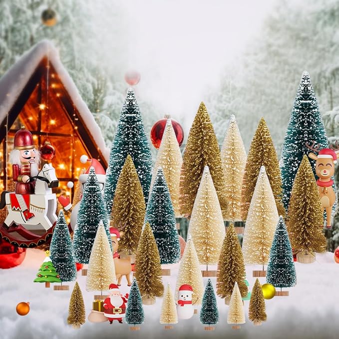 Yahpetes Christmas Tree 24 Pcs Artificial Christmas Trees Miniature Pine Trees 4 Sizes Sisal Trees with Wood Base Bottle Brush Trees for Crafting Displaying Decoration(Blue-Green,White,Gold, 24Pcs)