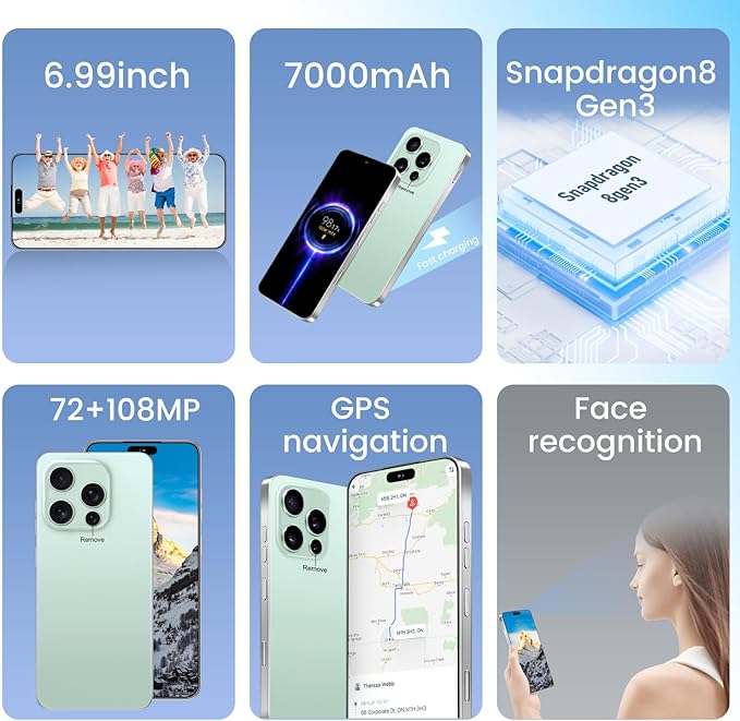 Huness I16PROMAX 16+1TB Smartphone Unlocked Cell Phone,6.99" HD Screen Unlocked Phones,Battery 7000mAh Android 14,Face ID/Fingerprint Button unlock/Photos/5G/Dual SIM/GPS (Green, 16+1TB)