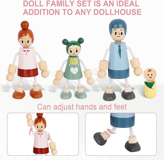 Wooden Dollhouse Furniture Set with 4 Family Dolls, 36 Pcs Sanlebi Doll House Accessories and Furniture, Miniature Furniture Including 5 Room Kits, Pretend Play Toy Gift for Boys Girls Toddler 3+