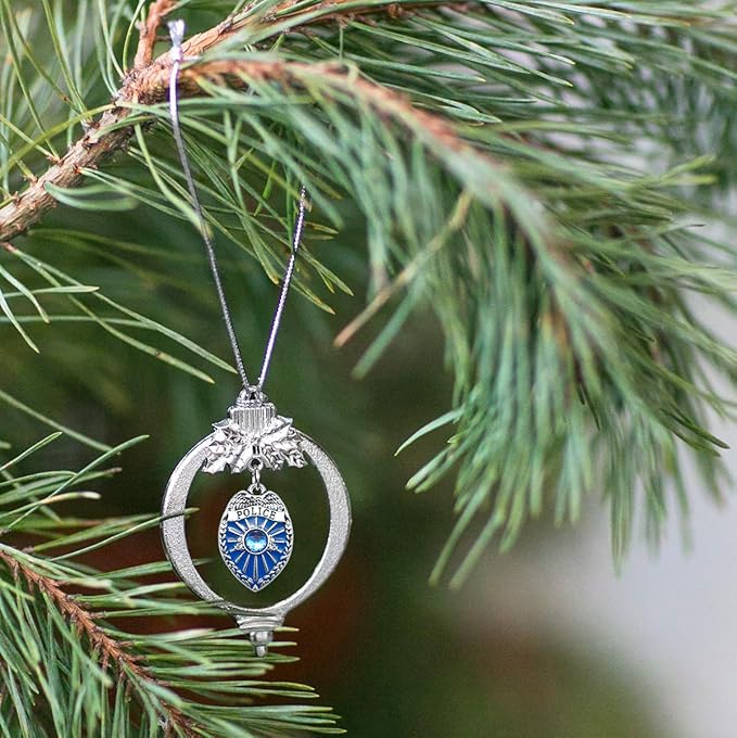 Inspired Silver - Blue Police Badge - Silver Christmas Ornament - Unique Charm Christmas Tree Ornament - Holiday Hanging Decoration