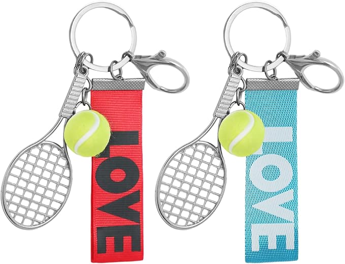 Gallipower 2 Pcs Tennis Ball Keychain,Color Mini Tennis Racket With Ball Keychains Key Ring,Cute Tennis Racket Balls Keychain Baseball Keychains For Women Men Gifts(Red+Blue)