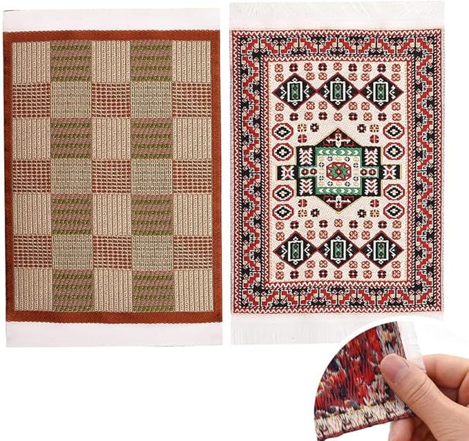 iLAND Miniature Dollhouse Accessories of Carpet for Dollhouse Furniture on 1/12 Scale and 3” - 12” Dolls, Woven Dollhouse Rugs 6” x 3.8” (2pcs Rhythm)