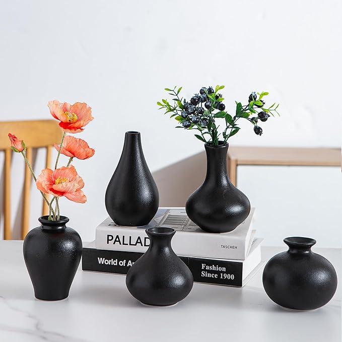 Black Ceramic Bud Vase Set of 5, Mini Vases for Flowers, Decorative Small Vases for Home Decor, Boho Wedding Centerpieces, Living Room, Dining Table & Shelf Decor