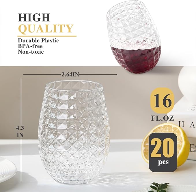 Lueumxc 20 Pack Plastic Wine Glasses, 16Oz Disposable Wine Glasses Unbreakable Clear Plastic Cocktail Glasses Recyclable Shatterproof Reusable Wine Cups (16oz-20pack)