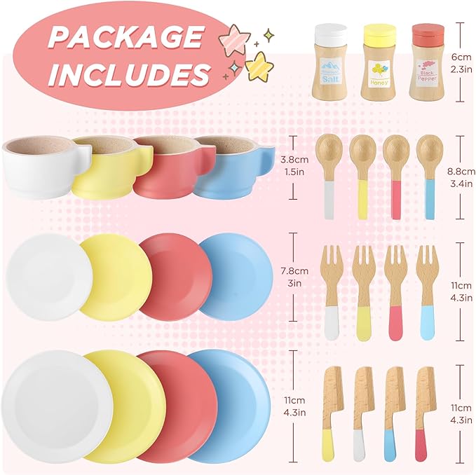 GAGAKU Wooden Play Dishes and Plates for Kids Kitchen Set 27 PCS Montessori Wood Play Kitchen Accessories Kitchen Toy for Toddlers Wooden Play Cooking Set for 3-8 Years Girls and Boys