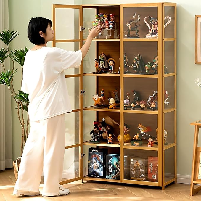 5-Tier Curio Display Cabinet with Acrylic Doors - 64” Transparent Display Case for Figures, Display Shelves for Collectibles & Storage Cabinets for Home, Office, Playroom, Living Room, Brown