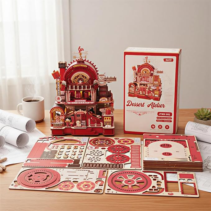 DIY Miniature House Kit - 3D Wooden Puzzle Miniature Kit with LED Light & Movable Dessert Workshop, Book Nook Tiny Model Mini House Building Kit for Adults, Teens, Adults Craft Kits