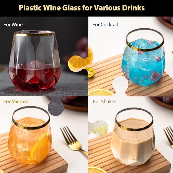 Lueumxc 40 Pack Plastic Wine Glasses, 12Oz Origami Disposable Wine Glasses Unbreakable Clear Plastic Cocktail Glasses Recyclable Shatterproof Reusable Wine Cups (12oz-40pack)