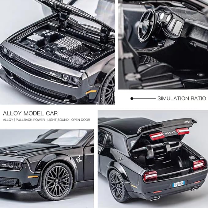 Toy Car Model 1/32 Challenger Hellcat Alloy Model Car with Light and Sound Collectible Model Cars Pull Back Toy Vehicles for Boys Children Age 3 + Year Old