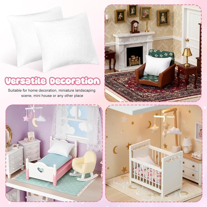1:12 Scale Miniature Dollhouse Pillows Cozy Tiny Sofa Cushion Models Soft Cloth White Decorative Pillows for DIY Projects Mini Furniture and Home Decor Accessories (6pcs)