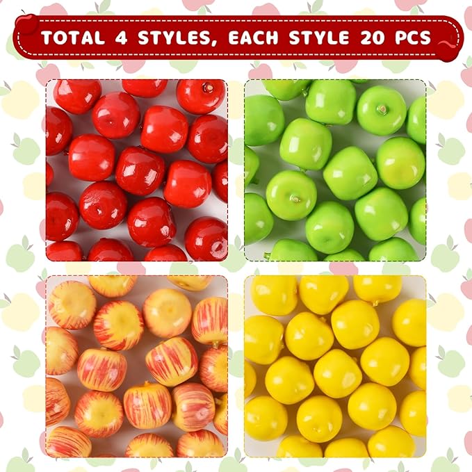 80PCS Artificial Mini Apple Foams Apples Artificial Fruit for Home House Grocery Photography Party Decoration (4 Color)